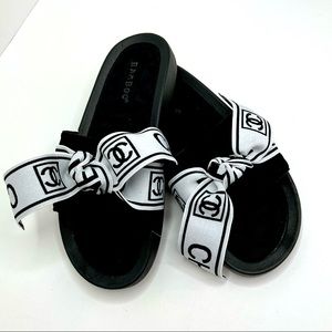 Bundle 3/$40 Black CC Chanel Inspired Slides with Bow Ribbon in Black & White.